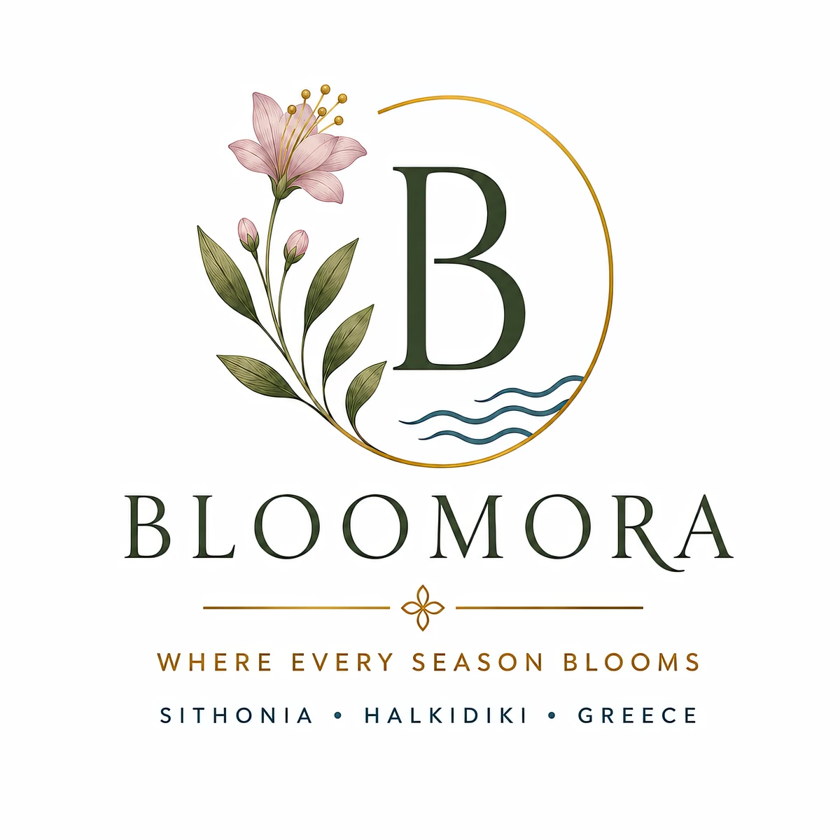 Bloomora's original botanical logo artwork, a detailed flower, leaf and gold ring monogram
