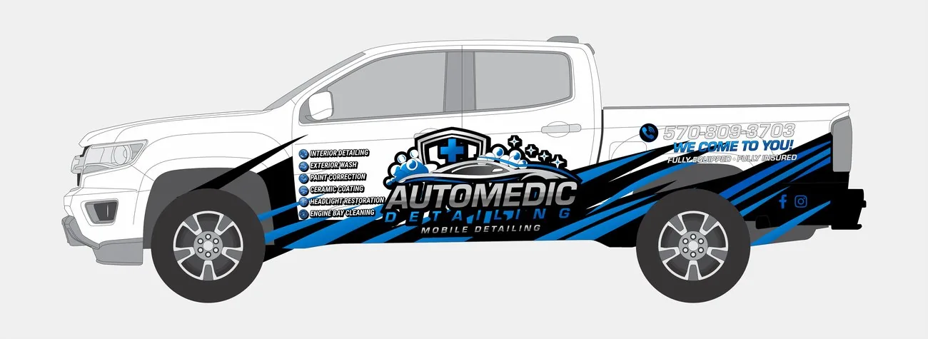 Same wrap design flattened into a 2D print-ready template on a vehicle outline