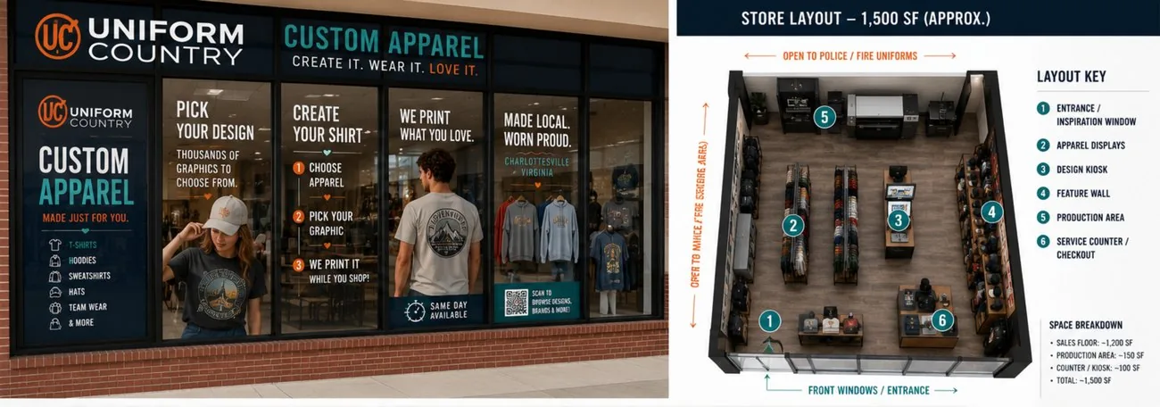 Photo mockup of storefront window decals combined with an unrelated floor plan